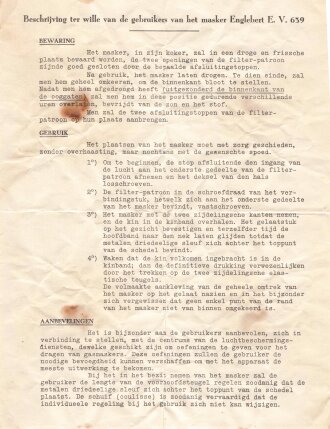 Belgien, Gebrauchsanweisung für die zivile Gasmaske des Herstellers Englebert E.V. 639, DIN A4