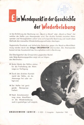 Drägerwerk,"Ein Wendepunkt in der Geschichte der Wiederbelebung" Werbeblatt, datiert 1960, über DIN A5