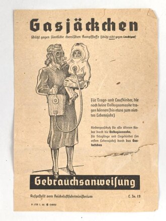 Luftschutz Gebrauchsanweisung "Gasjäckchen für Kleinkinder", 4 Seiten, DIN A5, eingerissen, Druckvermerk von 1944