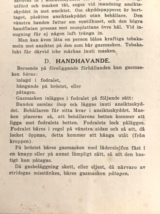 Schweden, Bescheibung einer Zivilschutz-Gasmaske von der Firma Birger Carlson aus Stockholm " datiert 1938, 8Seiten, DIN A6