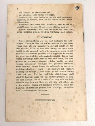 Schweden, Bescheibung einer Zivilschutz-Gasmaske von der Firma Birger Carlson aus Stockholm " datiert 1938, 8Seiten, DIN A6