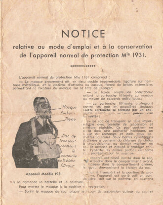 Frankreich, Gebrauchsanweisung für die ANP 31 Gasmaske aus der Zeit des zweiten Weltkrieges, 4 Seiten, DIN A6