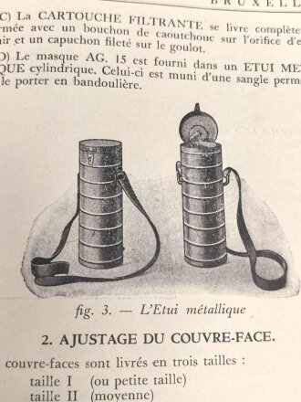 Belgien/Frankreich, Gebrauchsanweisung für die zivile Gasmaske AG. 15 aus der Zweit des zweiten Weltkriegs, über DIN A6