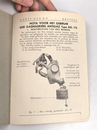Belgien/Frankreich, Gebrauchsanweisung für die zivile Gasmaske AG. 15 aus der Zweit des zweiten Weltkriegs, über DIN A6