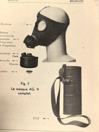 Belgien/Frankreich, Gebrauchsanweisung für die zivile Gasmaske AG. 9 aus der Zeit des zweiten Weltkriegs, über DIN A6