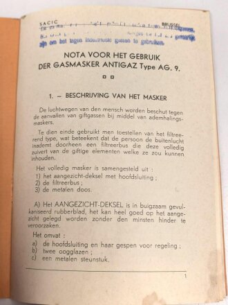 Belgien/Frankreich, Gebrauchsanweisung für die zivile Gasmaske AG. 9 aus der Zeit des zweiten Weltkriegs, über DIN A6