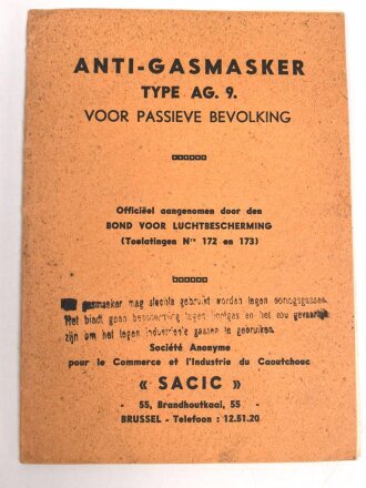 Belgien/Frankreich, Gebrauchsanweisung für die zivile Gasmaske AG. 9 aus der Zeit des zweiten Weltkriegs, über DIN A6