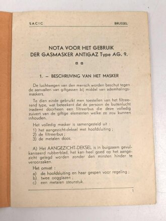 Belgien/Frankreich, Gebrauchsanweisung für die zivile Gasmaske AG. 9 aus der Zeit des zweiten Weltkriegs, über DIN A6
