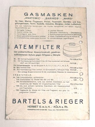 "Auch Sie geht es an!" Bestellblatt Gasmasken der Firma " MARS" , 4 Seiten, gelocht, DIN A5