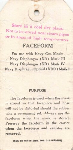 U.S. Navy , Tag "Facefrom" for the Gas Mask, 7...