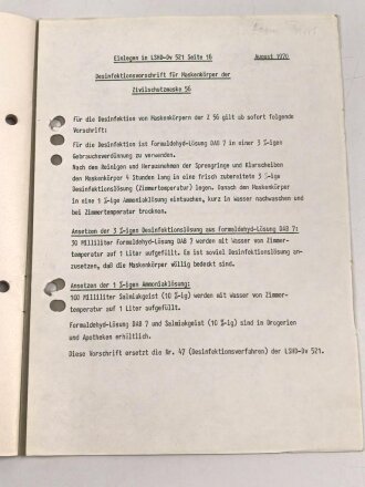 Deutschland nach 1945, LSHD-DV 521 "Vorläufige Dienstvorschrift für die Zivilschutzmaske 56", datiert 1963, 20 Seiten, DIN A5, gelocht