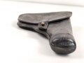 Pistolentasche schwarzes Leder. Keine Markierungen, Alter und Herkunft unbekannt, Höhe auf der Magazinseite gemessen knapp 23cm