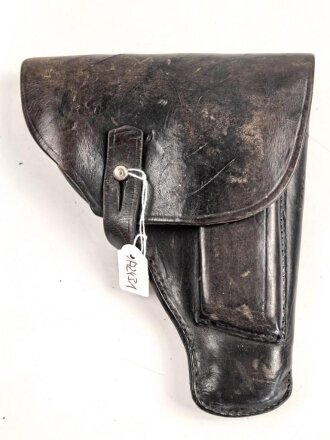 Pistolentasche geschwärztes Leder. Keine Markierungen, Alter und Herkunft unbekannt, Höhe auf der Magazinseite gemessen 19cm