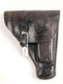 Pistolentasche geschwärztes Leder. Keine Markierungen, Alter und Herkunft unbekannt, Höhe auf der Magazinseite gemessen 19cm