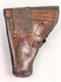 Pistolentasche geschwärztes Leder. Keine Markierungen, Alter und Herkunft unbekannt, Höhe auf der Magazinseite gemessen 19cm