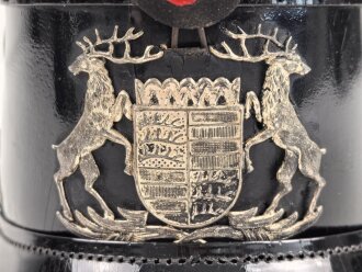 Tschako Polizei Württemberg, Im Innenfutter datiert 1933. Bei Vorder- und Hinterschirm je die naht lose , sonst guter Gesamtzustand