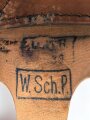 Tschako Polizei Württemberg, Im Innenfutter datiert 1933. Bei Vorder- und Hinterschirm je die naht lose , sonst guter Gesamtzustand