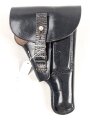 Pistolentasche schwarzes Leder. Keine Markierungen, Alter und Herkunft unbekannt, Höhe rechts gemessen 19,5cm