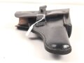 Pistolentasche schwarzes Leder. Keine Markierungen, Alter und Herkunft unbekannt, Höhe rechts gemessen 23cm