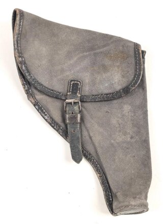 Pistolentasche aus graublauem Segeltuch. Keine Markierungen, Alter und Herkunft unbekannt, Höhe rechts gemessen 21cm