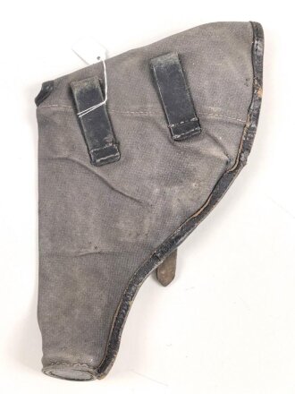 Pistolentasche aus graublauem Segeltuch. Keine Markierungen, Alter und Herkunft unbekannt, Höhe rechts gemessen 21cm