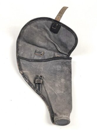 Pistolentasche aus graublauem Segeltuch. Keine Markierungen, Alter und Herkunft unbekannt, Höhe rechts gemessen 21cm