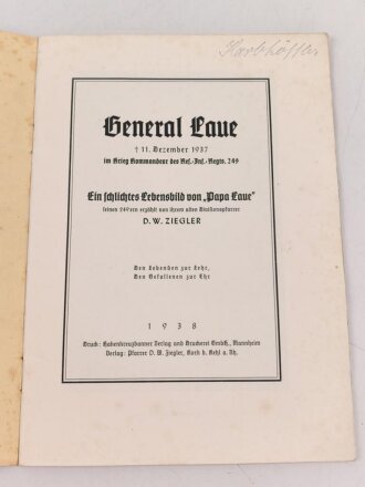 "Papa Laue - Der Regiments Kommandeur von Res.- Inf. Reg. 249 1915-1918" 31 Seiten, DIN A5, Einband fleckig