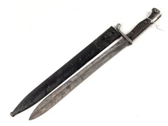 Seitengewehr Modell 1898/05 mit preussischer Abnahme von 1916. Schleifspuren im Bereich des Drückers, sonst gut.