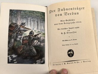 "Der Fahnenträger von Verdun" datiert 1923, 95 Seiten, DIN A5, eine Seiten zerrissen und Einband lose