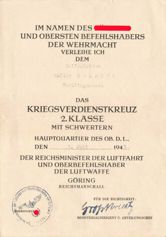 Luftwaffe, Verleihungsurkunde zum Kriegsverdienstkreuz 2....