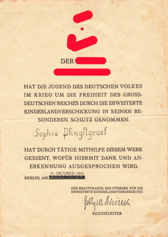 Anerkennungsurkunde einer Angehörigen zur Mithilfe in der erweiterten Kinderlandverschickung, augestellt am 15. Oktober 1942. DIN A4