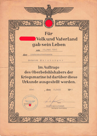 Heldentod Urkunde eines Stabsoberbootsmaat der...