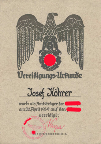 Vereidigungs-Urkunde für einen Amtsträger der NSDAP der am 20. April 1939 auf den Führer vereidigt wurde.