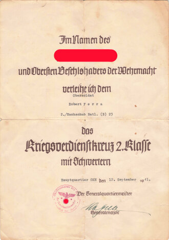 Verleihungsurkunde zum Kriegsverdienstkreuz 2. Klasse mit...