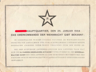 Führerhauptquartier, den 25. Januar 1944 Das Oberkommando der Wehrmacht gibt bekannt. ca DIN A4