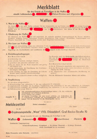 "Merkblatt für den Eintritt als Freiwilliger in die Waffen SS" DIN A4