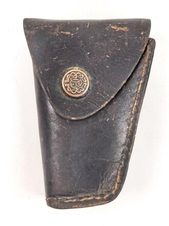 Kleine Wasserwaage in Messingvorrichtung. Frankreich ?. Datiert 1907, in Lederhülle, diese etwa 9,5cm lang