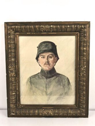 1.Weltkrieg Aquarell,  einen Feldgrauen in Feldbluse Modell 1915 mit Stahlhelm Darstellend. Maße des Aquarell etwa 45 x 55cm, Signiert " Otto Schulze - Stange, Erfurt. Ost Galizien, Februar 1918. In wuchtigem Rahmen, dieser original zugehörig.