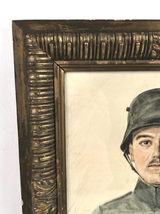 1.Weltkrieg Aquarell,  einen Feldgrauen in Feldbluse Modell 1915 mit Stahlhelm Darstellend. Maße des Aquarell etwa 45 x 55cm, Signiert " Otto Schulze - Stange, Erfurt. Ost Galizien, Februar 1918. In wuchtigem Rahmen, dieser original zugehörig.