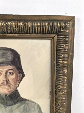 1.Weltkrieg Aquarell,  einen Feldgrauen in Feldbluse Modell 1915 mit Stahlhelm Darstellend. Maße des Aquarell etwa 45 x 55cm, Signiert " Otto Schulze - Stange, Erfurt. Ost Galizien, Februar 1918. In wuchtigem Rahmen, dieser original zugehörig.