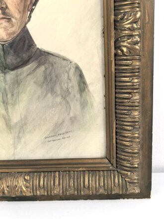 1.Weltkrieg Aquarell,  einen Feldgrauen in Feldbluse Modell 1915 mit Stahlhelm Darstellend. Maße des Aquarell etwa 45 x 55cm, Signiert " Otto Schulze - Stange, Erfurt. Ost Galizien, Februar 1918. In wuchtigem Rahmen, dieser original zugehörig.