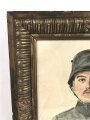 1.Weltkrieg Aquarell,  einen Feldgrauen in Feldbluse Modell 1915 mit Stahlhelm Darstellend. Maße des Aquarell etwa 45 x 55cm, Signiert " Otto Schulze - Stange, Erfurt. Ost Galizien, Februar 1918. In wuchtigem Rahmen, dieser original zugehörig.