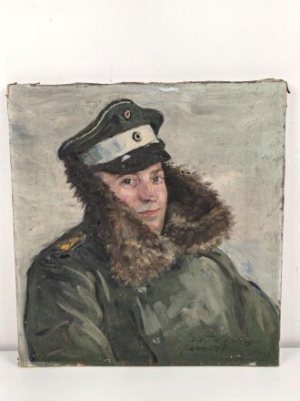 1.Weltkrieg Ölbild auf Leinwand,  einen Feldgrauen im Wintermantel mit Schirmmütze Darstellend. Maße  etwa 52 x 55cm, Signiert " D.St. Q.Lörchingen März 1917"  Ungereinigt, beschädigt