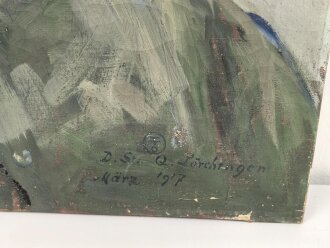 1.Weltkrieg Ölbild auf Leinwand,  einen Feldgrauen im Wintermantel mit Schirmmütze Darstellend. Maße  etwa 52 x 55cm, Signiert " D.St. Q.Lörchingen März 1917"  Ungereinigt, beschädigt