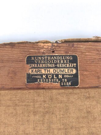 1.Weltkrieg Ölbild auf Leinwand,  einen Feldgrauen im Wintermantel mit Schirmmütze Darstellend. Maße  etwa 52 x 55cm, Signiert " D.St. Q.Lörchingen März 1917"  Ungereinigt, beschädigt