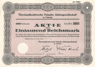 "Aktie über 1000 Reichsmark" Überlandkraftwerke Pulsnitz vom 1. Juni 1940