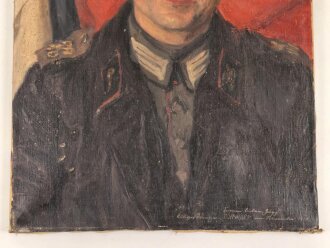 1.Weltkrieg, Ölbild auf Leinwand, einen Angehörigen der Kraftfahrtruppe darstellend. Maße 47 x 66cm, Signiert und datiert 1915