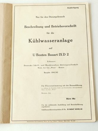 U Boot Bauart IX D2, Beschreibung und Betriebsvorschrift für die Kühlwasseranlage Baujahr 1941/42, DIN A4, komplett, selten