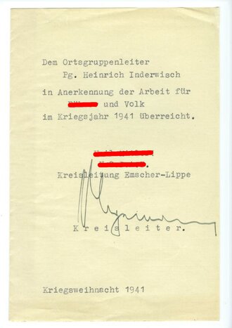 Anerkennungsurkunde 1941, Original Unterschrift Kreisleiter Emscher Lippe