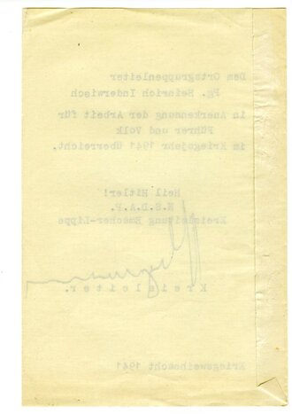 Anerkennungsurkunde 1941, Original Unterschrift...